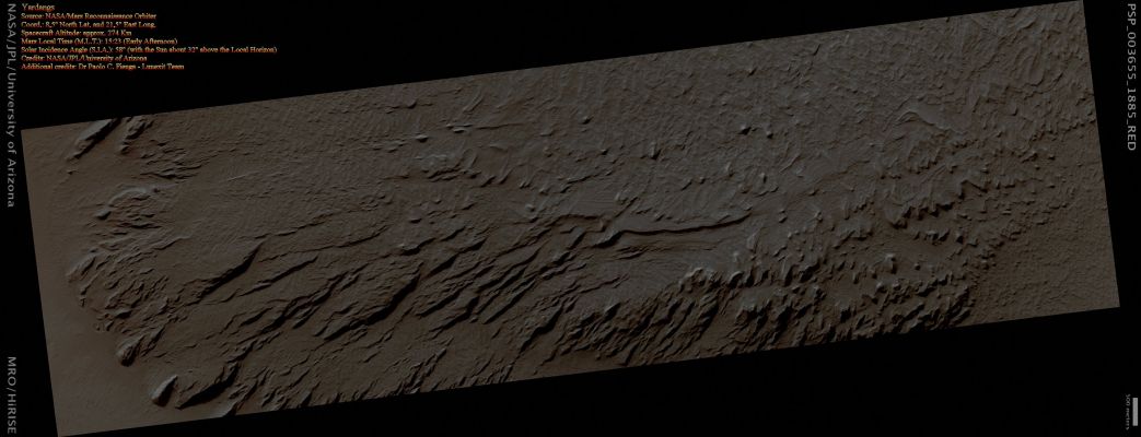 Beautiful Windworks (Natural Colors; credits for the additional process. and color.: Dr Paolo C. Fienga)
This image shows a portion of a Mound partly filling an Unnamed Impact Crater. 
The Impact Crater is a little more than 60 Km (approx. 37 miles) across while the Central Mound is about half that figure (since it extends itself well beyond the area shown here). 

Large Impact Craters typically have Central Peaks which surge upwards in the last stage of crater formation. However, Mounds like this represent a different process: Sedimentary Infill of the Crater AFTER its formation. 

At this site, the Mound appears to be Layered. Step-forming Layers crop out throughout the center of the image. This indicates that the Mound material was deposited in a series of events, likely the same process repeating many times. Many processes could form Layers like this, including Aeolian Deposition, Volcanic Ash or Lake Sedimentation. 

Unfortunately, fine details of the Layers are obscured by Dust which covers most of the Mound. Avalanches in this Dust Layer are responsible for the many small Dark Streaks that can be seen in the image. 

Anyway, however the material in the Mound formed, it was once even more extensive, perhaps entirely filling the Crater. Wind Erosion has caused the formation of these elongated shapes (called "Yardangs").
Parole chiave: Mars from orbit - Yardangs