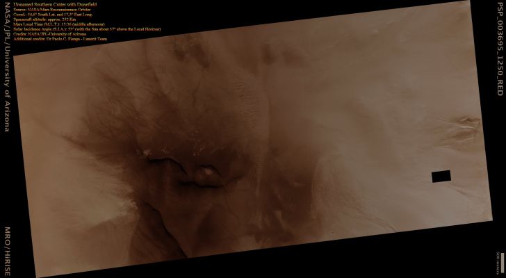 Unnamed Southern Crater with Large Dunefield and DD Streaks (CTX Frame - Natural Colors; credits for the additional process. and color.: Dr Paolo C. Fienga - Lunexit Team)
PSP_003695_1250 shows a Southern Hemisphere crater with gullies, dunes, periglacial modification, bright rock deposits and Dust Devil Tracks. 
Although these features are all common on Mars, there are not many places that have all of them together as viewed here.

The gullies seen at the top of the image are likely caused by wet debris flows. They have deposits of multiple ages. The gully on the left has bright deposits that have been modified by periglacial processes overlain by slightly darker deposits that have not been modified. Periglacial processes, such as seasonal freezing and thawing, are responsible for the polygonal fractures seen near the gullies and around the image.
The dark material in the center of the image is a dune field. 
There are several different sizes and orientations of dunes — these different orientations indicate that the dominant winds in the area have changed throughout time.

The dark streaks that criss-cross on the outskirts of the dune field are DDT. 
DDs are spinning cells of dust that travel across the Martian Surface. As they move, they pick up and redeposit particles, as well as disturbing dust on the surface. 
They are responsible elsewhere on Mars for removing dust from the solar panels of the Mars Exploration Rovers Spirit and Opportunity, which has helped to extend their missions way beyond the 90-day primary mission.
Note that the black rectangular feature near the top right of the image is a data gap resulting from data transmission problems; it is not a real feature. 
Parole chiave: Mars from orbit - Craters - Unnamed Crater with Dunefield and DD Streaks