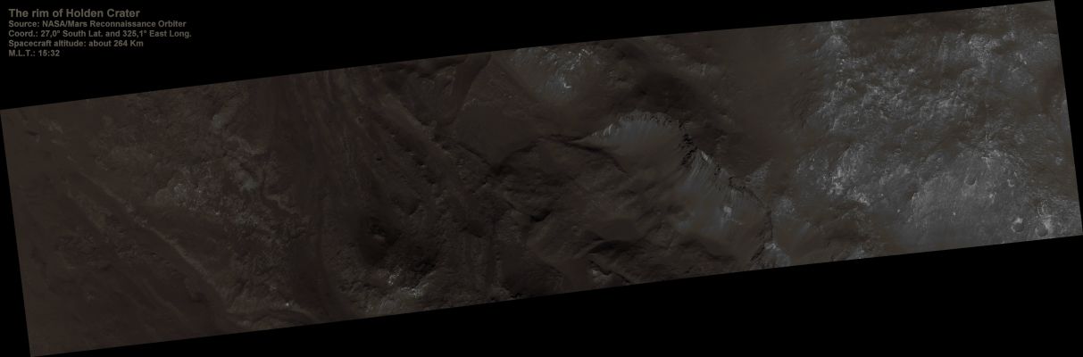 Holden Crater's Rim (Natural Colors; credits: Lunexit)
The formation of the approximately 150 Km diameter Holden Crater interrupted the Northward flowing Uzboi Vallis Channel System. Relief associated with the Rim of Holden effectively blocked the Channel.
HiRISE image PSP_003710_1530 covers the portion of Holden Crater's Rim where it was overtopped by water that had backed up in Uzboi Vallis to the South. Water flowing over the Rim in multiple locations eventually focused on a single Channel that then cut deeply into the Rim. 
After the impounded water drained into the Crater, the steep Wall on the East side of the main Channel collapsed in a Landslide that remains visible along the Floor. 
Several Outcroppings of variably bright material are visible in the scar produced by the Slide. 
Parole chiave: Mars from orbit - Craters - Holden Crater