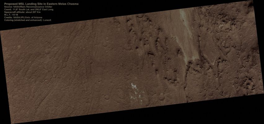 Possible MSL Landing Side in Eastern Melas Chasma (Natural Colors; credits for the additional process. and color.: Dr Paolo C. Fienga - Lunexit Team)
nessun commento
Parole chiave: Mars from orbit - Melas Chasma Region