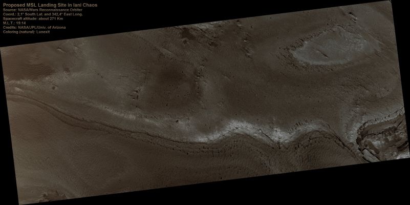 Proposed MSL Site in Iani Chaos (Natural Colors; credits for the additional process. and color.: Dr Paolo C. Fienga - Lunexit Team)
nessun commento
Parole chiave: Mars from orbit - Chaos Terrain - Iani Chaos