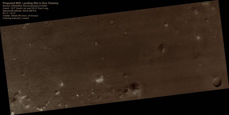 Proposed MSL Landing Site in Eos Chasma (Natural Colors; credits for the additional process. and color.: Dr Paolo C. Fienga - Lunexit Team) 
nessun commento
Parole chiave: Mars from orbit - Eos Chasma Region