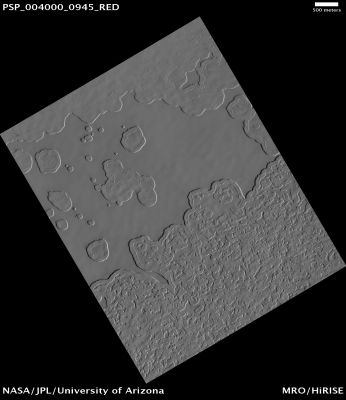 Changings... (CTX Frame - credits: NASA/JPL/University of Arizona)
HiRISE is monitoring the Residual Carbon Dioxide Cap on (or near) the South Pole of Mars to see how it changes over time.
Some of this Terrain contains many Pits, earning it the nickname "Swiss Cheese Terrain". One of our monitoring spots is over what looks like a deranged "Happy Face". If you look closely, you'll see many changes since the first HiRISE image, PSP_004000_0945, was acquired in 2007. The news is that the Pits have grown larger. When this Pit growth was first discovered, it was suggested to be an indication of climate change on Mars. However, we now suspect that the CO2 that sublimates from the Pit Walls recondenses on the nearby surfaces, so there is no net change in the total amount of frozen CO2.

Acquisition date: December, 30th, 2010 
Mars Local Time (M.L.T.): 18:03 (Late Afternoon)
Latitude (centered): 85,7° South
Longitude (East): 6,5° 
Spacecraft Altitude (or Range to Target Site): 247,6 km (154,8 miles) 
Original image scale range: 24,8 cm/pixel (with 1 x 1 binning) so objects ~74 cm across are resolved 
Map Projected Scale: 25 cm/pixel 
Map Projection: POLAR STEREOGRAPHIC 
Emission Angle: 0,2° 
Phase Angle: 78,9° 
Solar Incidence Angle: 79° (with the Sun about 11° above the Local Horizon)
Solar Longitude: 207,7° (Northern Autumn)
Parole chiave: Mars from orbit - South Polar Features - Effects of Sublimation