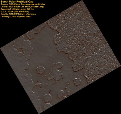 The "South Polar Residual Cap" (natural colors; credits: Lunexit)

Like Earth, Mars has concentrations of water ice at both poles. Because Mars is so much colder, however, the seasonal ice that is deposited at high latitudes in the winter and is removed in the spring (generally analogous to winter time snow on Earth) is carbon dioxide ice. Around the south pole there are areas of this carbon dioxide ice that do not disappear every spring, but rather survive winter after winter&emdash;this persistent carbon dioxide ice is called the south pole residual cap.

Relatively high-standing smooth material is broken up by circular, oval, and blob-shaped depressions, forming a pattern called "swiss cheese" terrain. The high-standing areas are carbon dioxide ice with thicknesses probably of several meters. The depressions are thought to be caused by the removal of carbon dioxide ice by sublimation (the change of a material from solid directly to gas). By looking at different sized depressions in an image such as this, and by comparing images of the same place from year to year, the development of "swiss cheese" terrain can be observed.

The sublimation process may begin anywhere as a small depression. Once this small depression is formed, it expands laterally in all directions, creating the rounded depressions we see today. As most depressions seem to have a similar depth and have relatively flat bottoms, there is likely some layer below, possibly of water ice, that cannot be as easily removed by sublimation. Thus, while the south polar residual cap as a whole is present every year, there are certainly annual changes taking place within it. 

Especially apparent and interesting in this image are the strips of material that parallel the edges of many depressions. Often there are two or more concentric strips that are smooth like the surrounding surface, but seem to be lower than the surrounding surface and in places appear to be tilted down towards the center of the depression. Inner strips are sometimes broken up into chunks. It may be that the uppermost smooth layer is a bit more resistant to sublimation than the material just below it&emdash;the quicker removal of the underlying material might cause the stronger upper layer to detach from the surrounding terrain and settle down towards the center of the depression. 

Alternatively, these ringing strips may indicate that many layers are present within the carbon dioxide ice. Another interesting feature is the faint crisscrossing network of ridges on the upper smooth terrain. These may also be complexly involved in the sublimation and deposition of carbon dioxide ice.

With the high resolution capability of HiRISE, we intend to measure the amount of expansion of the depressions over one or more Mars years. Knowing the amount of carbon dioxide removed can give us an idea of the current atmospheric and climate conditions, and possibly how Mars climate may be changing.  

Parole chiave: Mars from orbit - South Polar Residual Cap