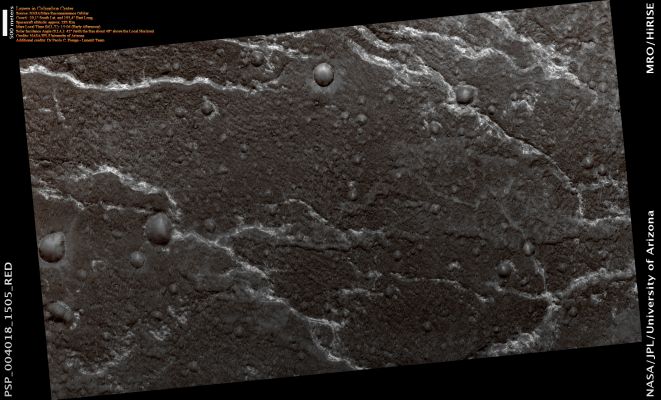 Layers in Columbus Crater (Natural Colors; credits for the additional process. and color.: Dr Paolo C. Fienga - Lunexit Team)
This HiRISE image shows bright Layers on the Floor of Columbus Crater, a large Impact Basin in the Southern Highlands of Mars. 
The Crater is very old and has gone through much modification. Its Rim is relatively low and the Floor is flat, and it is likely that material has been eroded from the Rim and deposited on the Crater Floor. 

The bright stripes that appear in this image at low resolution are likely Sedimentary Deposits. This bright material also includes dark patches which may be embedded within it, or the dark material could be covering the light one. The small-scale topography is rugged, likely an erosional characteristic of the dark material which covers much of the Surface.
Bright materials like those visible here are found in many places on Mars. In this case, it is likely that they are part of the Sediments that have filled the Basin, but it is not certain how they were deposited. 

In many places, bright Sediments exhibit fine horizontal banding, suggesting that they were once part of more extensive, flat-lying Layers of rock. In the bright materials here, Layering is rare and the original geometry somewhat more obscure. Impact Craters in the scene have excavated the Dark Surface, but in several cases this has neither exposed layering nor bright material.
Parole chiave: Mars from orbit - Craters - Columbus Crater