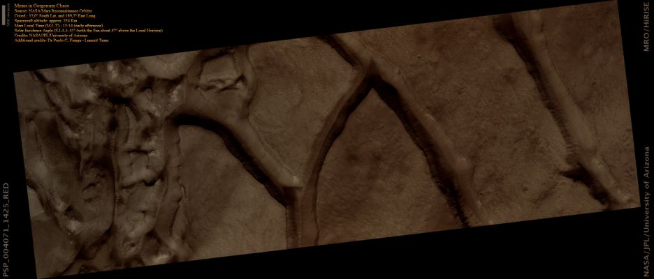 Mesas in Gorgonum Chaos (CTX Frame - Absolute Natural Colors; credits for the additional process. and color.: Dr Paolo C. Fienga - Lunexit Team)  
PSP_004071_1425 shows Mesas that are part of Gorgonum Chaos, a Region of Chaotic Terrain, which is a jumble of Mounds and Mesas grouped together. Chaotic Terrain is most commonly found in Mars near the sources of the gigantic Outflow Channels. Gorgonum Chaos is one of the few exceptions.

Some of the Troughs between the Mesas appear to have V-shaped bottoms; there is no obvious flat floor in between. Others have Dunes running down their centers probably indicating flat floors. 
It is possible that the Mesas were once connected and that something caused fractures in the original Mesa's Surface that were then preferentially eroded.
Parole chiave: Mars from orbit - Mesas - Gorgonum Chaos Region