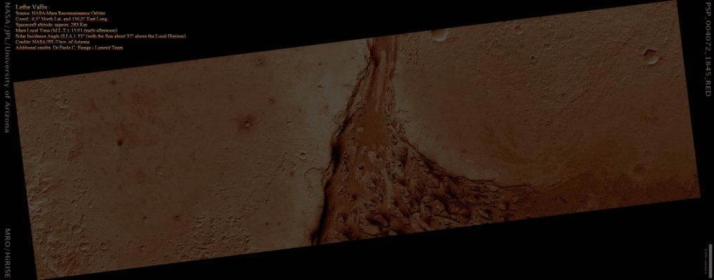 The "End" of Lethe Vallis (CTX Frame - Enhanced Natural Colors; credits for the additional process. and color.: Dr Paolo C. Fienga - Lunexit Team)
HiRISE image PSP_004072_1845 shows the funnel-shaped Terminus of Lethe Vallis, a winding Channel in the Elysium Planitia Region of Mars.

Lethe Vallis flows from South-West to North-East between 2 basins: Cerberus Palus and Eastern Elysium Plantia. Where it empties into the latter, the Channel abruptly widens (see the EDM n.1). 

On the West side (up) of this HiRISE image, Lethe Vallis is approx. 800 mt wide; on the East side (down), it is more than 7 Km in width. As the fluid that carved the Channel spread out, its erosive power diminished. Thus, where the Channel is wider, it contains numerous high-standing Mesas that are primarily composed of pre-existing material that was not fully eroded away.

The Floor of Lethe Vallis is covered in solidified Lava and blanketed by a thin layer of light-toned Dust. The Lava has a rough, ridged appearance where its surface buckled as it cooled, and a smoother polygonal texture where it was not significantly deformed. Interestingly, Lava textures are visible high on the Banks and Terraces of the Lethe Vallis. Farther away from the Channel, the Terrain is older and more heavily cratered.
Parole chiave: Mars from orbit - Lethe Vallis