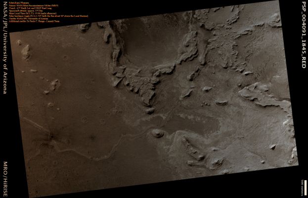 Ridges in Terra Meridiani (Absolute Natural Colors; credits for the additional process. and color.: Dr Paolo C. Fienga - Lunexit Team)
This HiRISE image shows an arcuate ridge in Terra Meridiani. The ridge is most likely a former streambed, now exposed in inverted relief; the wandering path is not expected for an exhumed fault or volcanic dyke. The stream that formed this ridge must have been ancient as the ridge is buried by brighter rocks, which are themselves very old, having been thickly deposited and then heavily eroded. 

The Mars Exploration Rover Opportunity landed in the same region of Mars, and the rocks it has examined are likely part of a sequence similar to that exposed here. The rocks exposed at the Opportunity landing site are mostly aeolian (wind-deposited) sandstone, but show evidence of past water, reaching the surface at times. Opportunity has access to only a few meters of a stack of sediments that is hundreds of meters thick. 

Since water was present at times at the Opportunity landing site, surface water elsewhere in the sequence of sediments is perhaps not too surprising. However, evidence like this may indicate that sediments were deposited by a broader range of processes than just those inferred at the Opportunity site. This is important for unraveling the entire history of the region. 

A stream channel could become inverted in several ways. Chemicals precipitating from the water could bind the streambed together, lava could fill the channel, or the bed could contain large boulders. In each case, the relatively resistant material of the stream channel could remain as the surrounding rock eroded. Here, the ridge is distant from any volcanic vent, and appears fractured, particularly in the southern portion. This indicates that the ridge material is consolidated and has some strength. Thus, the most likely mechanism for formation of this ridge is deposition of a chemical "cement" which hardened the streambed rock. 

The plains surrounding the ridge are also fractured, indicating some degree of consolidation. These cracks could form by desiccation (water loss) from wet sediment or tensile fracturing as the weight of overlying rocks was removed. Cracks like this can also form in permafrost due to seasonal temperature changes; ground ice is unlikely this close to the equator, but it is possible that the cracks are a remnant of different climate conditions from the past.
Parole chiave: Mars from orbit - Sinus Meridiani Region