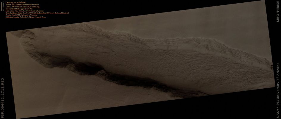 Arsia "Dusty" Layers (Absolute Natural Colors; credits for the additional process. and color.: Dr Paolo C. Fienga - Lunexit Team)
This image covers a Pit in the lower West Flank of Arsia Mons, one of the 4 giant Volcanos of the Tharsis Region.

Many Layers are exposed in the Pit, probably marking individual Lava Flows that overlapped (meaning: ONE Layer - ONE Flow), and provide information about the nature of the volcanic eruptions. This image was acquired in the middle of large regional Dust Storms on Mars, but the Atmosphere over this image is only moderately dusty because the altitude is 6,5 Km higher than the Planetary Mean (-----> media altitudine planetaria), so the air is quite thin and cannot hold as much Dust.

Although the Atmosphere is not too dusty, the Surface is buried by a Dust Layer that might be meters thick. These high-altitude locations on Mars have thick Dust Deposits because the thin air cannot blow away the Dust, or at least not as fast as it accumulates. On Earth the Oceans serve as "Dust Traps", while on Mars such Traps are the highest Volcanoes. 
Parole chiave: Mars from orbit - Volcanoes - Arsia Mons