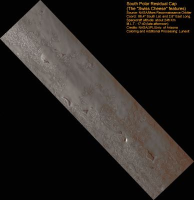 South Pole Residual Cap - Swiss-Cheese Terrain Monitoring (Natural Colors; credits for the additional process. and color.: Dr Paolo C. Fienga - Lunexit Team)
nessun commento
Parole chiave: Mars from orbit - South Polar Residual Cap