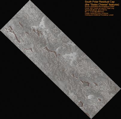 South Pole Residual Cap - Swiss-Cheese Terrain Monitoring (Natural Colors; credits for the additional process. and color.: Dr Paolo C. Fienga - Lunexit Team)
nessun commento
Parole chiave: Mars from orbit - South Polar Residual Cap