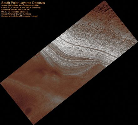 Geologic History Recorded in the South Polar Layered Deposits (Extremely Enhanced Natural Colors; credits for the additional process. and color.: Dr Paolo C. Fienga - Lunexit Team)
The Polar Layered Deposits on Mars are thought to be composed of varying amounts of water ice and dust. The variations in the relative amounts of ice and dust are probably caused by recent climate changes on Mars, similar to ice ages on Earth.

This image of the South Polar Layered Deposits shows many layers, some of which are cut off or truncated against other layers (near the center of the image). These truncations are probably due to periods of erosion separating periods of deposition.
After nearly horizontal layers are deposited, they can be partly eroded (perhaps by winds) before more layers are deposited over them. In this image, there is evidence for at least two such episodes of erosion and burial. These types of observations are useful to Mars scientists as they try to unravel the climate history of Mars. 
Parole chiave: Mars from orbit - South Polar Layered Deposits