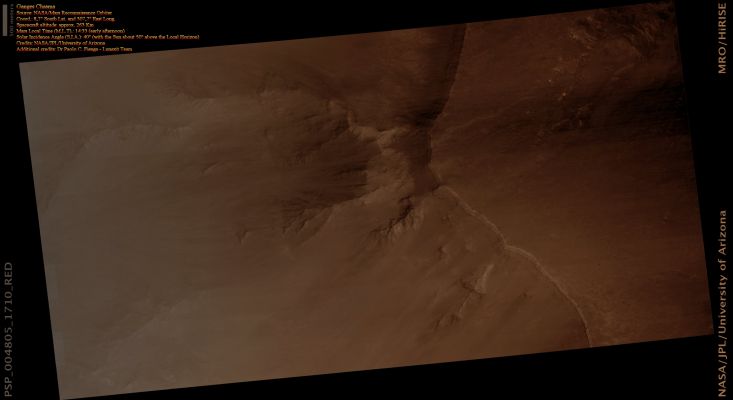 On the Edge of Ganges Chasma (Absolute Natural Colors; credits for the additional process. and color.: Dr Paolo C. Fienga - Lunexit Team)
The Troughs and Chasms of the Valles Marineris Canyon System contain Light-Toned Deposits of enigmatic origin. The light materials, often layered, have variously been proposed to be Volcanic Ash or Sediments laid down by Rivers, Lakes or Sand Dunes. 
One aspect of the Light-Toned material that has remained unclear is the timing of its deposition relative to canyon formation - was the material deposited in the Troughs, or does it crop out in the Walls, indicating that it existed before the Valles Marineris Canyon System formed?

This HiRISE image shows a part of the wall of Ganges Chasma. (This image, taken during the major Dust Storms which have raged through the summer of 2007, is grainy and low-contrast because of Dust in the Atmosphere). The Plateau above the Chasm is on  the right side of the image, with the Wall of the Trough descending to the North. A few fine Layers, likely Basalt Flows, form the cap layers. 

In the Spur, at the center of the image, light material appears to crop out, contrasting with the relatively dark material elsewhere in the Wall of the trough. At least some of this material is inherently lighter than other Wallrock; changes in tone occur at several sites where there are no breaks in Slope. 
The light material appears be forming Spurs and Ridges similar to the surrounding rock, suggesting that it comprises at least some part of the Walls. However, darker, bouldery material occurs at the same level just to the West (up) of the light patch, indicating that the light outcrop may not extend very far. 

Images like this provide clues to help unravel the history of deposition and deformation in Valles Marineris, and may eventually tell a complex story. In order to fully understand what this image means, several questions must be addressed: is this light material the same as intensively Layered Deposits observed elsewhere? 
How extensive are light Wall Materials? 
Are these materials conformable (part of a continuous sequence) with the rest of the Wall? 

More HiRISE imaging will help address these questions. 
Parole chiave: Mars from orbit - Ganges Chasma