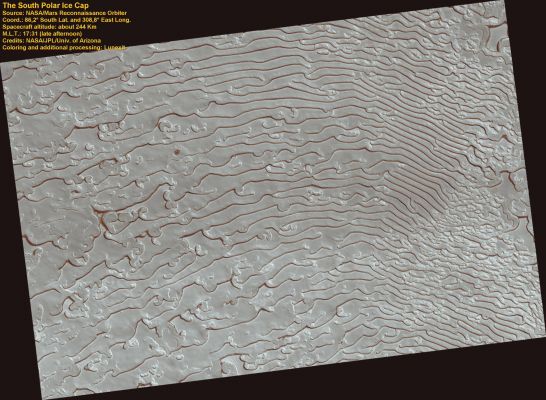Fingerprint Terrain with Sawtooth Patterns in the South Polar Ice Cap (Natural Colors; credits for the additional process. and color.: Dr Paolo C. Fienga - Lunexit Team)
This image shows a portion of the South Polar Ice Cap. The ice you see here is frozen CO2 rather than the frozen water you are used to here on Earth. 
Even on Mars, where the temperatures are much lower than on Earth, CO2 ice is a volatile substance. As it is so unstable, large amounts can sublimate very quickly when heated. In this ice cap we can see icy features shrink in size by several meters per year as the ice that makes them up is removed by solar heating. Usually these icy features are almost circular as you get equal amounts of Sunlight from every direction when you are at the Pole.
However, in this location something strange has happened. Instead of the usual circular features we see features that are decidedly linear in shape. These sets of linear features have been dubbed "fingerprint terrain" by Planetary Scientists. They are seen in several locations in this ice cap and usually have a wavelength close to 90 mt (295 feet). It's hard to understand why linear features would form in this sort of environment by sublimation of ice alone. 
It is possible that these features are formed instead by atmospheric processes. Either the features are sand dunes covered by a thin covering of frost or they might be made up of loose ice crystals that saltate like sand grains and have collected into ripples.
It would be a huge surprise to find sand dunes in this location, just as you wouldn't expect to see sand dunes on top of the Greenland ice sheet on Earth. To confirm that they are made of CO2 ice, HiRISE will image this location again at the end of the year and compare it to this image to look for changes. 
Icy features should show large changes, but sand dunes move much more slowly. 
Parole chiave: Mars from orbit - South Polar Cap