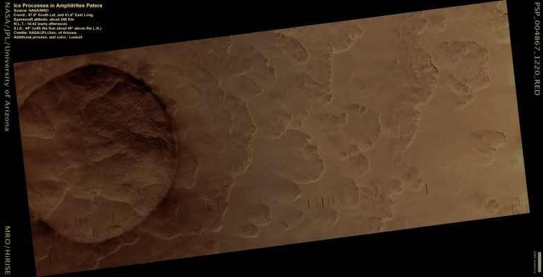 Ice Processes in Amphitrites Patera (CTX Frame - Natural Colors; elab. Lunexit)
This image captures an impact crater on the surface of Amphitrites Patera, an ancient volcano on the southern margin of the giant Hellas Basin. The Hellas Basin was formed by a very large impact into the Southern Highlands early in the geologic history of Mars. The basin has a number of volcanoes along its margin, perhaps because magma could take advantage of the deep cracks in the crust that resulted from the impact. 
Amphitrites Patera is far enough South to approach the Martian Antarctic and there is evidence for large amounts of ice in the ground. As in the Polar Regions of Earth, the icy ground (permafrost) is able to move and be modified by a variety of processes. In this case, the rim of the small impact crater is filled with a honeycomb of cracks. These are likely to have formed where dust- and soil-covered ice or ice cemented soil was cracked by thermal contraction in the winter. Subsequently, the underlying ice was able to escape into the atmosphere (sublimate) allowing the ground along the cracks to collapse. The only place where large boulders are visible is along the rim of the crater; this is probably where the boulders were not so deeply buried by the icy layer. 
Parole chiave: Mars from orbit - Volcanic Features - Amphitrites Patera