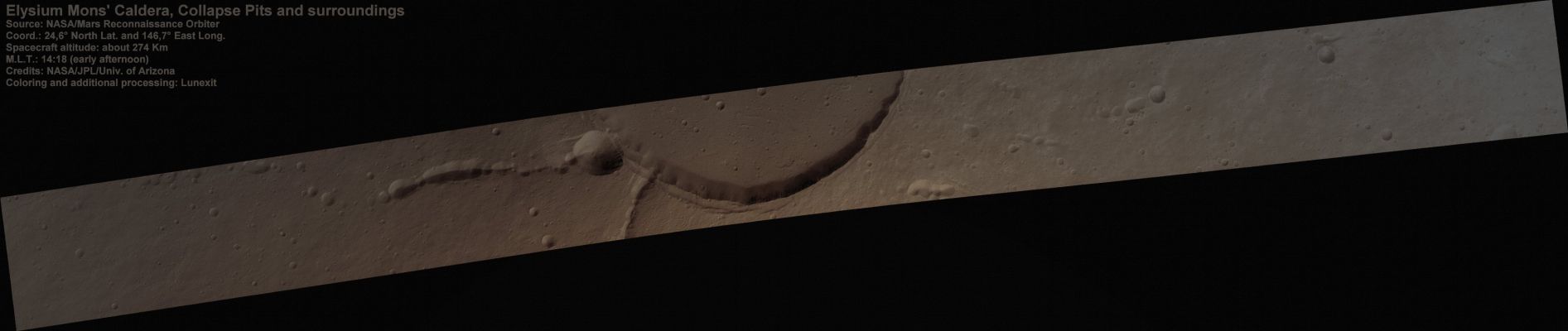 Elysium Mons' Caldera and Collapse Pits (Absolute Natural Colors; credits for the additional process. and color.: Dr Paolo C. Fienga - Lunexit Team)
nessun commento
Parole chiave: Mars from orbit - Volcanoes - Elysium Mons