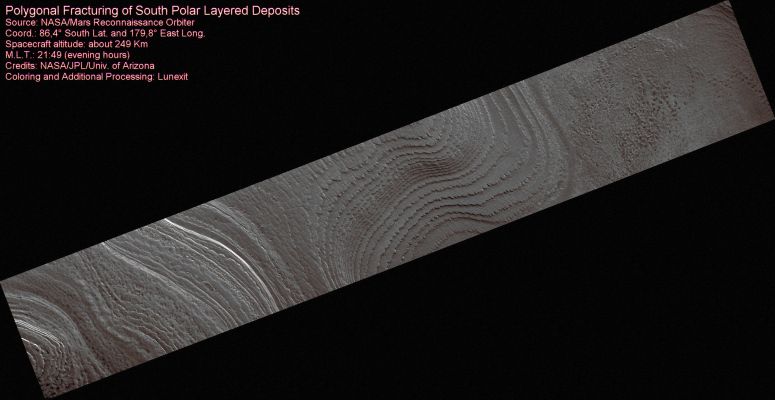 Polygonal Fracturing of South Polar Layered Deposits
This image shows the South Polar Layered Deposits, with curving layer outcrops caused by erosion of valleys into the Deposits.
On closer inspection, polygonal (mostly rectangular) fractures are visible, mostly near the center of the image. Polygonal fractures are also observed in the North Polar Layered Deposits, but typically on a much smaller scale.
Here in the South, the fractures cross layer boundaries, while in the North the fractures are usually confined to a single layer. 
Therefore, the fractures in the South Polar Layered Deposits formed after the surface was eroded to the configuration seen here, probably due to expansion and contraction of water ice below the surface.
Parole chiave: Mars from orbit - South Polar Layered Deposits