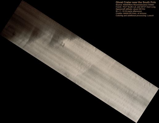 Unnamed "Ghost" Crater near the South Pole (CTX Frame - Absolute Natural Colors; credits for the additional process. and color.: Dr Paolo C. Fienga - Lunexit)  
This HiRISE image shows a Circular Structure near the South Pole of Mars. This feature is probably a heavily modified Impact Crater. It is currently expressed as a group of concentric circular features with little vertical expression. 
This feature was probably once an Impact Crater many tens of meters deep. (Small impact craters are typically about 1/5th as deep as they are wide). 
The original topography has been smoothed by some combination of burial and viscous relaxation. Most burial processes will preferentially fill in low areas like craters; the infilling material may then compact, producing arcuate structures. 
Parole chiave: Mars from orbit - Craters - Exhumed Crater