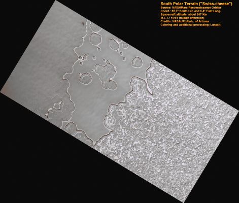 Swiss Cheese Terrain in the South Polar Region
Since Mars is colder than Earth, there is not just water ice at the Poles, but also a concentration of Carbon Dioxide (CO2) ice. Some of the Carbon Dioxide ice at the South Pole is there all year long and called the "Residual Cap". 
This image was taken near the South Pole of Mars and shows a characteristic "Swiss cheese" pattern. 

This pattern is created when there is relatively high, smooth material that is broken up into these circular-shaped depressions forming the "Swiss cheese" terrain. 
The depressions are thought to be caused by sublimation, which is when a material goes directly from a solid to a gas phase. 
Repeated images are taken of areas like this so the changes in depression size and where they form can be monitored through the seasons.
Parole chiave: Mars from orbit - South Polar Residual Cap