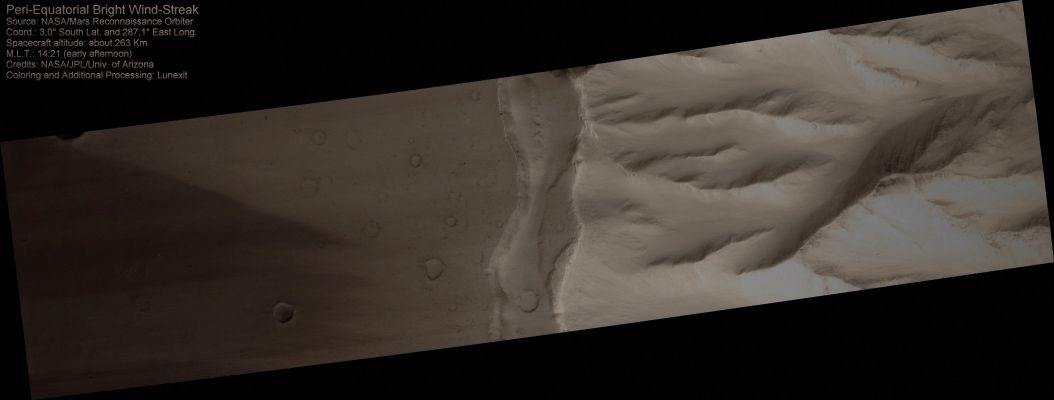 Peri-Equatorial Canyon and Winstreak (Absolute Natural Colors; credits for the additional process. and color.: Dr Paolo C. Fienga - Lunexit Team) 
nessun commento
Parole chiave: Mars from orbit - Canyon and Windstreak