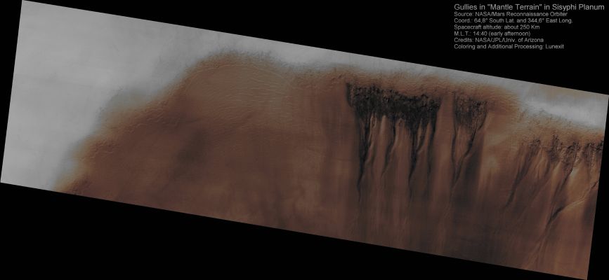 Gullies in Mantle Terrain in Sisyphi Planum (CTX Frame - Absolute Natural Colors; credits for the additional process. and color.: Dr Paolo C. Fienga - Lunexit Team) 
Caption NASA:"This observation shows the East-facing Walls of an Unnamed Crater in Sisyphi Planum, near the South Polar Regions. Gullies, as well as Mantle Terrain and Polygons are also visible; these features suggest that at some point in time, liquid and ice may have been present at and near the Surface. The Gullies, which are rather eroded, have ample Alcoves and subdued Channels; dark patches and Ripples in the bottom of the Channels indicate that the most recent activity was Aeolian (such as "wind-driven") in Nature. Mantle Terrains are characterized by their smooth Surface and light, uniform color. They are widely interpreted as Terrains blanketed by a mixture of Ice and Dust, deposited under climatic conditions different from that of today. The Gullies in this image have Alcove Areas that seem to have cut through the Mantle Terrain, exposing the underlying materials". 
Parole chiave: Mars from orbit - Craters - Unnamed Crater with Gullies - Sisyphi Planum Region