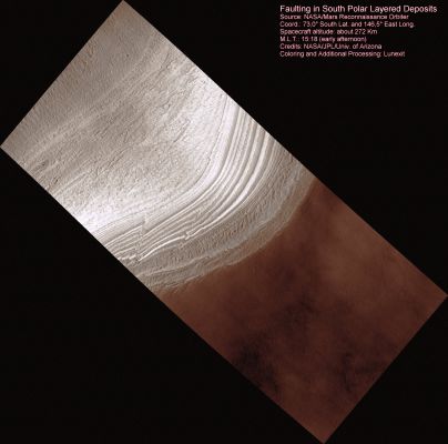 Faulting in the South Polar Layered Deposits
The scarp shown in this image marks the edge of the Polar Layered Deposits. These layered deposits are a mixture of dust and water-ice. Each layer is thought to record information about the state of the Martian climate at the time of its deposition.
The polar layered deposits were once more extensive, but have been eroded back to their current size. Most of this erosion takes places at inclined scarps (such as this one) which retreat as icy material is ablated away.
Other processes are also operating on these deposits as exemplified by the fault that is visible on the left of the image. Layers appear offset from one side of the fault to another indicating that the layered deposits have been fractured into large blocks that have moved relative to each other. The source of the stress that caused this fracturing is unknown; some possible examples are subsidence of the underlying terrain or perhaps melting of a portion of the base of the ice-sheet.
This particular Region of the Layered Deposits (Ultimi Lingula) contains many examples of this brittle fracture (which is otherwise rare in these Deposits). Another less obvious fault lies near the center of the image at the base of the scarp. This fault does not break through, or even deform, the upper layers which may indicate that the fault occurred when only half the layered deposits had accumulated. These observations point to a history of faulting in this region that at least spans the age range of these Layered Deposits. 
Parole chiave: Mars from orbit - South Polar Layered Deposits