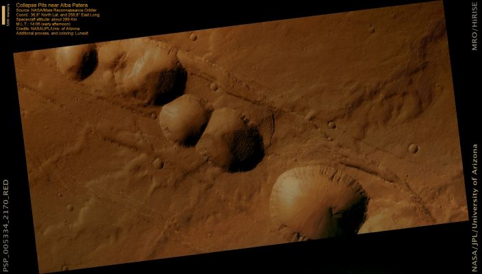 Collapse Pits near Alba Patera (MULTISPECTRUM; elab. Lunexit)
This observation shows pits in Acheron Catena, a chain of circular depressions located South-East of Alba Patera, the widest and flattest volcano on Mars. 
The layers seen around the pit rims are likely lava flows from Alba Patera or the nearby Tharsis Mons.
The pits probably formed by collapse into empty space beneath the surface as opposed to being formed by an impactor from space. Some of the pits have large piles of material in their centers. These piles are evidence of collapse of the walls, which may have occurred after the main collapse event that formed each pit. The second pit from the right has an indistinct north rim; it appears that there were at least two collapse events here.

A couple of the pits have oval shaped craters on their walls. 
The craters were almost certainly circular when they formed, but time and gravity have allowed the deformation of their shape by mass wasting.
Parole chiave: Mars from orbit - Collapse Features - Pits