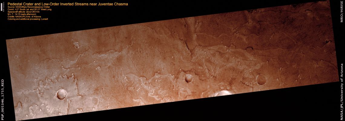 Low-Order Inverted Streams near Juventae Chasma  (context frame - elab. Lunexit)
This image shows plains North-West of Juventae Chasma, one of the Martian canyons that are part of the equatorial Valles Marineris System. The two most noticeable features in this scene are craters on mesas (plateaux) and raised, winding ridges. The raised ridges are "Inverted Channels". It is likely that liquid water, either pure or salt water, flowed through these channels. The channels are raised because streams transport sediment as they flow, deposit the heavier sediment on the stream floor, and, eventually fill in once their water supply dwindles. Over time, wind erosion modifies a landscape, and this has played an important role on these plains. It eroded the land around the channels leaving the remnant channels exposed and standing high. The channels did not erode as much since they were more resistant, possibly because the deposited sediment had cemented together. 
The craters on mesas are also evidence of active wind erosion: when craters form, they eject material out onto the surrounding landscape.
It appears that several of the craters’ ejecta visible here cemented, making the ejecta more resistant to erosion and leaving them standing high as craters on plateaux.
Parole chiave: Mars from orbit - Juventae Chasma