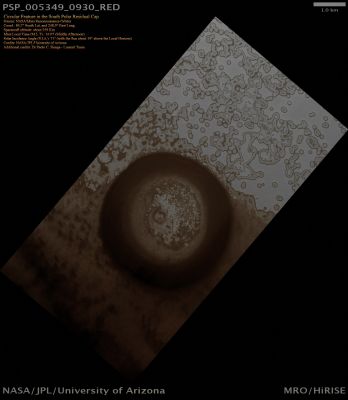 Circular Feature in the South Polar Residual Cap (Absolute Natural Colors; credits for the additional process. and color.: Dr Paolo C. Fienga - Lunexit Team)
This 4 Km-diameter Circular Surface Feature near the Edge of the South Polar Residual Cap was recognized in Mariner 9 and Viking Orbiter images taken in the '70s, but its origin could not be inferred. It was therefore targeted for HiRISE stereo imaging. 
The bright areas in this image are covered by CO2 frost, and the "Swiss Cheese" terrain typical of the South Polar Residual Cap covers much of the imaged area. 
The Dark Walls of the Circular Depression do not have as much Frost on them, and are fractured in a polygonal pattern. Apparently the Surface of the Walls has been extensively modified by thermal expansion and contraction of water ice. It also appears that the "Swiss Cheese" Terrain of the Residual Cap has buried the Floor of the Circular Depression, as well as the Terrain surrounding the Feature, making it difficult to infer its origin. 
Its circular symmetry is consistent with an impact origin, but there is no evidence of a Crater Rim or Ejecta Blanket (perhaps because they have been buried). 
The Depression may also have formed by collapse, but there is little evidence of extensional fractures that would be expected around a Collapse Pit. Analysis of HiRISE stereo data may help the interpretation of this Feature.
Parole chiave: Mars from orbit - South Polar Features - Possible Buried Impact Crater