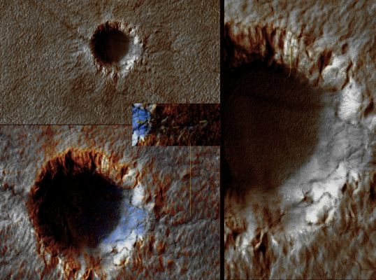 Signs of Fluids' Erosion (cropped sub-frame from PSP_005391_1030; credits: Dr M. Faccin)
In questa nuova elaborazione (realizzata dal Dr M. Faccin) ottenuta da un crop del gigantesco frame NASA-Mars Reconnaissance Orbiter n. PSP_005391_1030, la presenza di un piccolo Cratere Senza Nome, situato a circa 77° di Lat. Sud e 165,4°di Long. Est (immagine ottenuta alle ore 15:02 MLT, con buone condizioni di illuminazione - A.I.S.=64° - e da un'altezza di circa 248 Km), ci offre l'occasione di poter vedere un (a nostro parere) CHIARO ed INEQUIVOCABILE segno di Erosione da Fluidi che si apre sul suo versante rivolto ad Est-Sud-Est.

Nelle successive elaborazioni - che mostrano, in visione prospettica, l'attuale morfologia del Suolo Marziano su cui sorge il Cratere - i segni lasciati dal fluido (acqua, verosimilmente) fuoriuscito dal Cratere per un lunghissimo periodo di tempo, al punto da formare un modesto ruscelletto le cui tracce sono sopravvissute sino ad oggi, si mostrano a noi in tutta la loro evidente bellezza.
Quali sìano state le meccaniche geologiche che hanno permesso all'acqua di riempire questo Cratere sino a strabordare e quindi formando un ruscello, non ci è possibile saperlo, ma l'eventualità che il rilievo in oggetto fosse, sebbene in un tempo remoto, il bacino di uscita di una sorgente di acque sotterranee (le quali, di provenienza da una Regione ignota, poi sfociavano sulla Pianura Sud-Polare), a noi sembra un'ipotesi - dati visivi alla mano - tutto sommato accettabile.

Non è neppure da escludere l'eventualità per cui possa essere stato proprio l'impatto di un bolide di piccole dimensioni a provocare l'uscita di acque intrappolate in una falda sub-superficiale (un fiume o un lago sotterraneo, tanto per capirci) la quale, dopo la verificazione della "rottura traumatica" del proprio alveo originale, si è riversata - per un lungo periodo di tempo e sino ad esaurimento del liquido disponibile - sulla Pianura Sud-Polare ripresa in questo frame.

La particolare morfologia del rilievo, come vedrete, asseconda l'ipotesi per cui le acque non erano globalmente "in transito" sulla Regione in questione, bensì erano provenienti dal piccolo bacino (acque che si sono riversate - diremmo in maniera relativamente quieta e dolce - sono i "segni della Superficie" che ci permettono di avanzare questa ipotesi - nei terreni circostanti).

Non è neppure da escludere, infine, l'eventualità che il Cratere Senza Nome in questione non sia affatto un Bacino d'Impatto, bensì un Pozzo da Collasso (o, addirittura, un piccolo Cratere Vulcanico) il quale è stato lo "sbocco naturale" di una sorgente sotterranea (chissà, magari si trattava di acque termali...) la quale, per motivi strattamente endogeni (sisma? Eruzione vulcanica?), ha trovato una eccellente via di sfogo verso la superficie e l'ha seguita.

Le Vostre opinioni al riguardo saranno apprezzate.
Parole chiave: Mars from orbit - Craters - Unnamed Crater near the South Pole