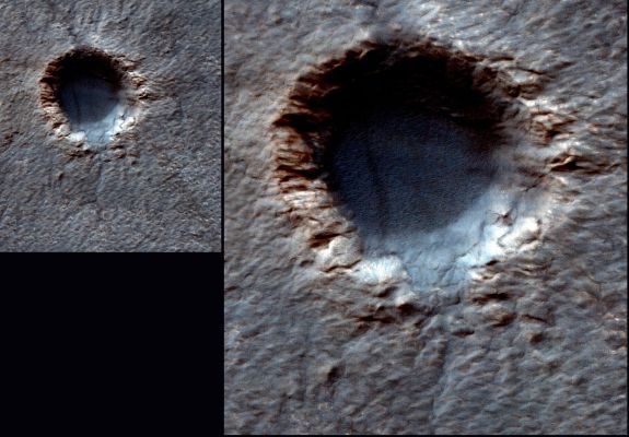 Signs of Fluids' Erosion (credits: Dr M. Faccin)
In questa spettacolare visione del piccolo cratere "perduto" nelle Grandi Pianure prossime al Polo Sud di Marte, il processing in Falsi Colori ottenuto dal nostro Marco Faccin evidenzia in maniera netta e decisiva lo svasamento (quello che noi riteniamo essare un chiaro segnale di erosione da fluidi) che si apre sul versante Est-Sud/Est del rilievo.
Parole chiave: Mars from orbit - Craters - Unnamed Crater near the South Pole