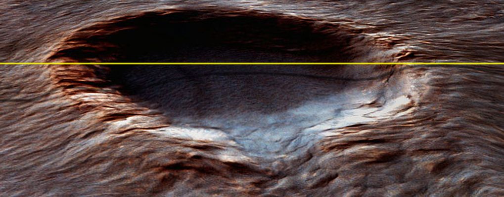 Signs of Fluids' Erosion (Perspective View; credits: Dr M. Faccin)
Osservate il fondo del rilievo (a "dorso di mulo"): l'ipotesi per cui il materiale che lo forma sia, in realtà, acqua ghiacciata (e coperta di sabbie e polveri) a noi sembra tutt'altro che improbabile...
Parole chiave: Mars from orbit - Craters - Unnamed Crater near the South Pole