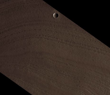 Impact Crater on the South Polar Layered Deposits (EDM n.1; MULTISPECTRUM - credits: Lunexit)
A problem with using craters to determine age on the icy SPLD is that erosion of the icy substrate and relaxation of crater topography (i. e., relief becoming more gentle) is probably more rapid on ice than on harder rocky surfaces. 
A detailed study of craters in ice will help better to understand this process of how craters in ice degrade, or deteriorate, with time. 
Perhaps then we will know how to use the number and distribution of craters over the icy polar layered deposits in constraining the geologic and climate history of the Mars Polar Regions.
Parole chiave: Mars from orbit - Craters - Unnamed Crater on the SPLD