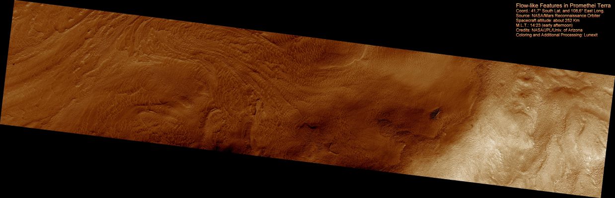 Flow-like Features in Promethei Terra (context frame)
This image, part of the south-facing slopes of a massif in Promethei Terra in the Southern Highlands, shows flow-like features (tongue-shaped lobes, parallel ridges) that indicate movement of surface materials downhill and towards the South-West, following the regional slope.
The difference in elevation between the ridge (near the top or northern-most portion of the image) and the valley (to the South) is over 2200 meters (7,200 feet).

These flow-like features are reminiscent of those observed in terrestrial landslides and rock glaciers , in which the downhill movement of rocks and soils is facilitated by an agent (most commonly water in landslides, ice in glaciers) that acts as a lubricant and provides cohesion. Theoretical calculations predict that under current and recent Martian climate conditions, neither water nor ice would be stable near the surface for extended periods of time in this Region.
The temperatures are so low that water would freeze, and then quickly sublime, because the air is very thin and dry. Ice could, though, be stable at present approximately 1 meter (3 feet) or more below the surface.

Parole chiave: Mars from orbit - Promethei Terra