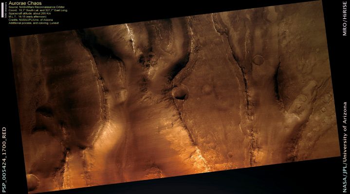 Aurorae Chaos (MULTISPECTRUM; credits: Lunexit)
This observation shows a portion of Aurorae Chaos, chaotic terrain East of the Vallis Marineris Canyon System. Aurorae Chaos extends from Capri and Eos Chasmata on the West, into Hydraotes and Aureum Chaos on the North and East. 

Chaotic terrain is thought to form from subsurface collapse following volatile release. It is possible that the Martian crust was at one time enriched in ices that became gases or liquid at relatively low temperatures upon encountering a heat source or was violently shaken. These ices existed in spaces between soil particles. If a large volume of volatiles is suddenly released, then there is a large portion of the soil volume missing. The soil cannot support itself, so it collapses.

Since chaotic terrain is often located at the head of the Martian outflow channels (giant flood plains), it is also possible that the Chaotic Regions are the source of the fluids that formed the outflow channels. 
Aurorae Chaos connects to outflow channels via other Chaotic Regions.
Parole chiave: Mars from orbit - Chaotic Terrain - Aurorae Chaos Region