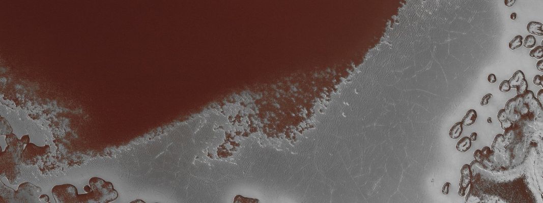 South Polar Residual Cap Margin (extra-detail mgnf; MULTISPECTRUM - elab. Lunexit)
In this extra-detail mgnf one can see fractures in the Residual Cap ice near the margin and, farther in, circular depressions that, in some places, appear to have coalesced. 
These depressions constitute what is called "Swiss Cheese Terrain" and it's fairly easy to see why. The Swiss cheese terrain is created when the CO2 goes directly from the solid state (ice) to a gaseous state (the more familiar CO2 gas) as temperatures warm during South Polar Summer. 
Swiss Cheese Formation may also be linked in a complicated way to the behavior of major Martian Dust Storms.

Images like these, taken before and after dust storm events, can aid our understanding of that complicated relationship.
Parole chiave: Mars from orbit - South Polar Residual Cap