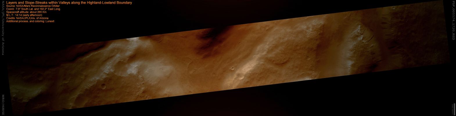 Layers and Slope-Streaks within Valleys along the Highland-Lowland Boundary (context frame - MULTISPECTRUM; credits: Lunexit)
This image shows Slope Streaks and Layering on the walls of a valley along the border between the Martian Southern Highlands and Northern Lowlands (see the extra-detail mgnf. At the bottom of the valley and in the lower portion of the valley walls are many large dunes.

The Slope Streaks generally start at a point source and widen downslope as a single streak or branch into multiple streaks. Some of the Slope Streaks show evidence that downslope movement is being diverted around obstacles, such as large boulders. In particular, several of the Slope Streaks in this image appear to be diverting around individual dunes, with downslope movement occurring in the low troughs between the dunes. The darkest Slope Streaks are youngest and cross cut and lie on top of the older and lighter-toned Streaks. 
The lighter-toned Streaks are believed to be dark streaks that are lightening with time as new dust is deposited on their surface.
Parole chiave: Mars from orbit - Valleys