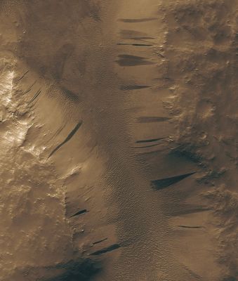 Layers and Slope-Streaks within Valleys along the Highland-Lowland Boundary (extra-detail mgnf - MULTISPECTRUM; credits: Lunexit)
Slope Streak formation is among the few known processes currently active on Mars. Since the Slope Streaks in this image appear to superpose (lie on top of) the surfaces between individual dunes, the Streaks most likely formed more recently and are younger than the dunes. 

Many hypotheses have been proposed for the formation of Slope Streaks including dry avalanching, geochemical weathering, liquid stains or flows, and moisture wickering. 
Recent observations from HiRISE images have revealed that the dark interior of Slope Streaks is lower in elevation than the surroundings, suggesting that material must have been removed in the formation of the streak.
Parole chiave: Mars from orbit - Slope Streaks
