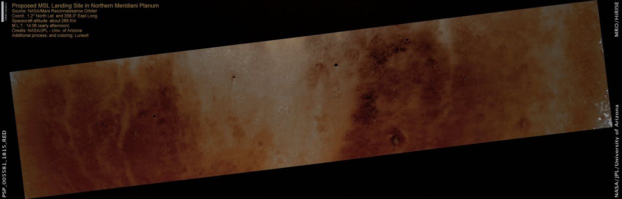 Possible MSL Landing Site in Northern Meridiani Planum (Enhanced Absolute Natural Colors; credits for the additional process. and color.: Dr Paolo C. Fienga - Lunexit Team)
nessun commento
Parole chiave: Mars from orbit - Meridiani Planum