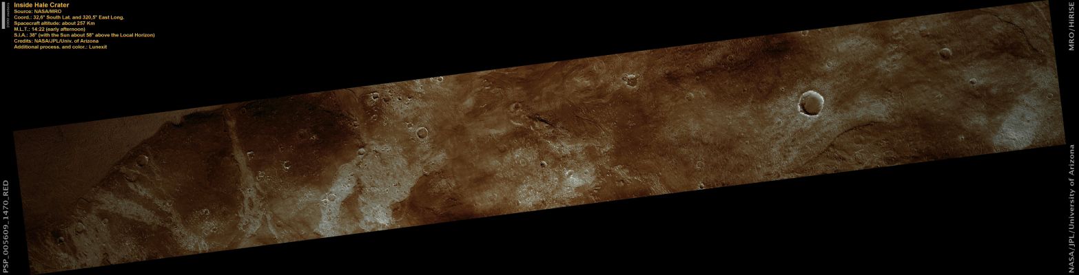 Inside Hale Crater (CTX Frame; Natural Color credits: Lunexit)
Channels associated with Impact Craters were once thought to be quite rare. Scientists proposed a variety of unusual circumstances to explain them, such as impacts by Comets or precipitation caused by the impact event. As more of Mars is photographed with High-Resolution imagery, more craters surrounded by Channel Systems are being discovered.

The Channels in this HiRISE image are from Hale Crater, an exceptionally well-preserved 125 x 150 Km (approx. 78 x 93 mile) Impact Crater located on the Northern Rim of the Argyre Basin. 
Hale Crater is roughly 170 Km (a little more than 100 miles) to the South/East.
Parole chiave: Mars from orbit - Craters - Hale Crater