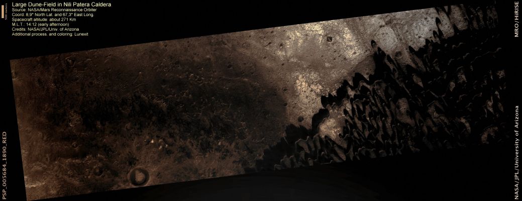 Dark Dunefield in Nili Patera Caldera (CTX Frame - Enhanced Absolute Natural Colors; credits for the additional process. and color.: Dr Paolo C. Fienga - Lunexit Team)
nessun commento
Parole chiave: Mars from orbit - Dunefield - Nili Patera Caldera