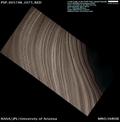 Buried Crater in the SPLD (natural colors; credits: Lunexit)
This image of the SPLD shows some of the layers cut off against other layers below and right of center. Geologists call this an “angular unconformity” because the layers do not conform to each other across this boundary.

In this case, the angular unconformity was probably caused by erosion of the SPLD followed by deposition of new SPLD on top of the eroded surface, but faulting could also have caused the observed unconformity. 
Near the unconformity is an impact crater, one of dozens found on the SPLD. The presence of these craters implies that the surface of the SPLD has been relatively stable (i.e., little erosion or deposition) in the past few million years. 
This is in stark contrast to the NPLD, on which craters are very rare, implying very recent erosion/deposition.
Parole chiave: Mars from orbit - Craters - Unnamed Crater on the SPLD