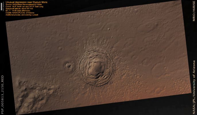 Unusual Depression near Elysium Mons (MULTISPECTRUM; elab. Lunexit)
This unusual depression and the associated concentric rings are situated within an area thought to have been deposited as a mud flow. Due to the lack of a distinctive, raised rim or other impact-related features, this crater is thought to have formed by the loss of material below the surface and subsequent collapse, rather than by an impact from space.
The exact mechanism for the loss of material is not fully understood, although the missing material was likely water in some form. This feature is near a large volcano, so perhaps there were explosive magma-water interactions that violently removed the water and some magma, followed by surface collapse. Or, less violently, there could have been simple melting of subsurface ice and then collapse of the surface into the resulting void. The rays emanating from the depression suggest some amount of violence before the surface collapse that sprayed material far from the depression.
Some aspects of this and other, nearby features are similar to the collapse pits  associated with Grímsvötn volcano in Iceland, which erupts beneath an ice-cap. However, there are no rays formed during the eruptions at Grímsvötn.

Parole chiave: Mars from orbit - Collapse Pit