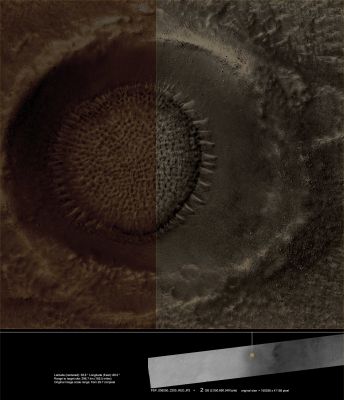 Van Gogh (on Mars)
Una splendida elaborazione in JP2 realizzata dal nostro Dr Faccin e relativa ad un cratere che, nell'immagine MRO "panoramica", risulta praticamente invisibile. Il titolo del frame (Van Gogh), se osservate le fattezze del Cratere ripreso...è autoesplicativo!

Nel quadrante Sx: colorazione Naturale che tiene conto del Tau Medio Marziano e la relativa colorizzazione ed opacità del Suolo nelle vedute orbitali;
Nel quadrante Dx: colorazione Naturale che ignora il Tau Medio Marziano e la relativa colorizzazione ed opacità del Suolo nelle vedute orbitali.
Parole chiave: Mars from orbit - Craters - Unnamed Crater