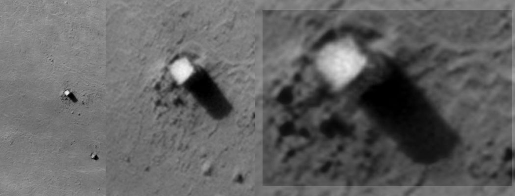 Unbelievable: a TRUE Martian Monolith! (edm n. 3 - credits: Dr M. Faccin)
Oltre questo livello di ingrandimento - senza poi distruggere la ancora eccellente qualità del frame - non si può andare. Ma quanto ci mostra questa straordinaria iper-magnificazione (realizzata dal nostro eccezionale Dr Faccin) è più che sufficiente per formulare delle ipotesi credibili.

Una su tutte: l'oggetto anomalo è effettivamente una sorta di parallelepipedo (circa 1,8 x 2,4 mt), a pianta quadrata, apparentemente abbastanza liscio e regolare e dall'albedo particolarmente alta (nettamente più alta di quella del resto del paesaggio).
Parole chiave: Mars from orbit - Controversial Feature - The "Monolith"
