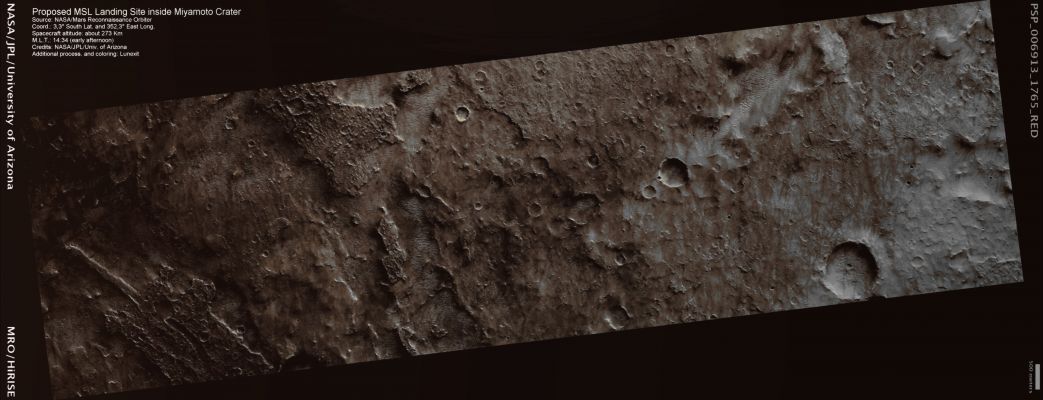 Possible MSL Landing Site in Miyamoto Crater (Enhanced Absolute Natural Colors; credits for the additional process. and color.: Dr Paolo C. Fienga - Lunexit Team) 
Miyamoto Crater is located in the South-Western portion of Meridiani Planum (and to the South-West of the Mars Exploration Rover Opportunity Landing Site). This image shows fairly smooth plains and some areas covered by Windstreaks, suggesting that wind is an active process here, depositing surface material downwind in the form of Streaks.
This possible Landing Site is adjacent to the hematite-bearing plains unit where the Opportunity Rover sits. The CRISM instrument has detected phyllosilicates (clay minerals) at this Site, which scientists believe to have formed in the presence of water. The MSL rover would investigate the mineral diversity here, which includes Phyllosilicates and Sulfates.
Parole chiave: Mars from orbit - Craters - Miyamoto Crater