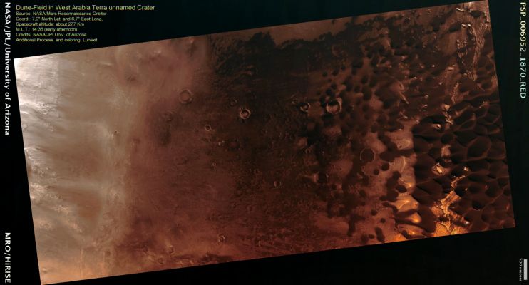 Dunefield in West Arabia Terra Unnamed Crater (context frame; MULTISPECTRUM - credits: Lunexit)
This image shows dunes in an unnamed crater in the West Arabia Terra region. 
The rim of the crater lies to the South of the image (Sx) and a dark, toned field of barchan sand dunes rests on the crater floor in the Northern portion of the observation (Dx). 
Parole chiave: Mars from orbit - Dunes - Arabia Terra