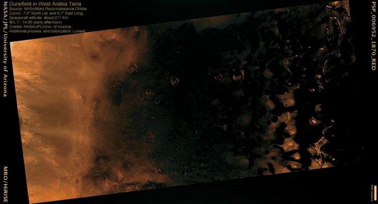 Dark Dunefield in West Arabia Terra (MULTISPECTRUM and Yellow/Orange Filters ON; credits: Lunexit)
This image shows dunes in an unnamed crater in the west Arabia Terra Region. 
The rim of the crater lies to the South of the image (Sx)and a dark, toned field of Barchan Sand Dunes rests on the crater floor in the Northern portion of the observation. 
Barchan Dunes are commonly found on Earth, and are generally crescent-shaped with a steep slip face bordered by horns oriented in the downwind direction. Barchan Dunes form by unidirectional winds and are good indicators of the dominant wind direction. In this case, the strongest winds blew approximately North to South. 
These dunes are most likely composed of basaltic sand that has collected on the bottom of the crater. 

Superimposed on their surface are smaller secondary dunes which are commonly seen on terrestrial dunes of this size. Many smaller and brighter bed forms — most likely small dunes or granule ripples — also cover the substrate between the larger dark dunes. The dark dunes overlie the small bright bed forms indicating that the darker dunes formed more recently.

Parole chiave: Mars from orbit - Dunes - Arabia Terra