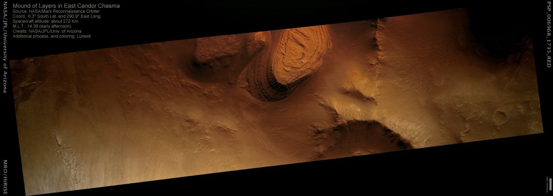 Mound of Layers in East Candor Chasma (MULTISPECTRUM; credits: Lunexit)
This image shows the Northern portion of East Candor Chasma, part of the Valles Marineris Canyon System. In the center of the image is a light-toned mound that has dozens of layers exposed along its edge. As the upper layers weather and break apart into smaller grains, these grains subsequently fall down the edge, burying layers beneath and producing triangular-shaped debris aprons. 
The color image of the mound doesn’t show any significant color variations between the different layers. 
However, another instrument on MRO called CRISM (Compact Reconnaissance Imaging Spectrometer for Mars) has observed compositional differences between the layers and these results have been helpful in deciphering the origin of these layers.
This deposit is one of several examples exhibiting sulfate-rich layers with alternating hydration states. Cliff-forming Kieserite-rich layers alternate with slope-forming polyhydrated sulfate layers. (Kieserite is a mineral containing Magnesium). 
The apparent lack of slumping, channels, cross-bedding or bed truncation supports quiescent water or deposition from the air as the most likely origin for the layers.
Parole chiave: Mars from orbit - Layers - Candor Chasma