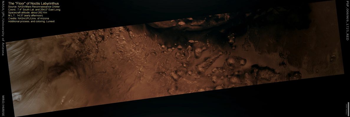 The Floor of Noctis Labyrinthus (context frame - MULTISPECTRUM; credits: Lunexit)
This image shows part of Noctis Labyrinthus, the “Labyrinth of the Night.” This is a system of connecting troughs which form a maze-like network at the western end of Valles Marineris, the giant canyon system of Mars.

The individual troughs are usually kilometers across; this image shows part of the floor of one of the troughs, with some intriguing fine-scale features. 

Near the center of the image, the floor is broken up into many small knobs and hills, probably eroded remnants of a larger geologic unit.
Parole chiave: Mars from orbit - Noctis Labyrinthus